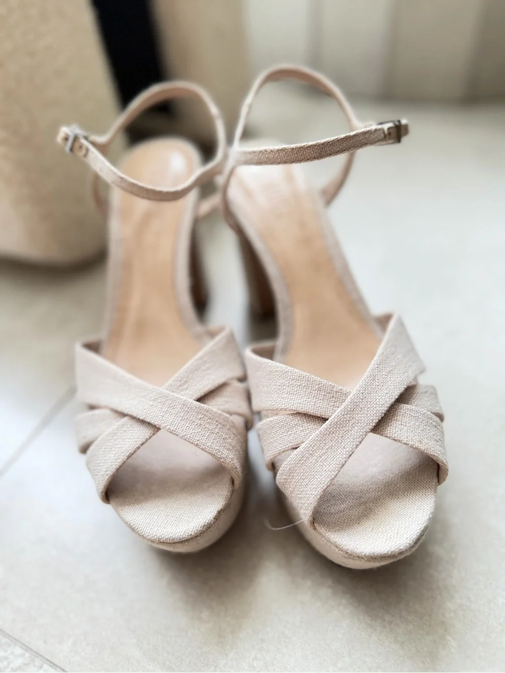 SCHUTZ Neutral Beige Platform Sandal with Block Heel